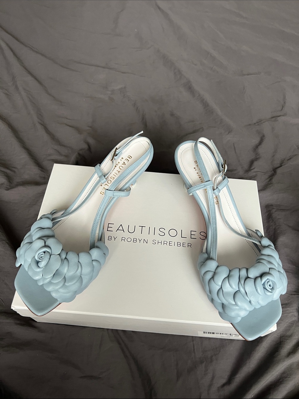 Beautiisoles Pale Blue Braided Flower Slingback Heels
